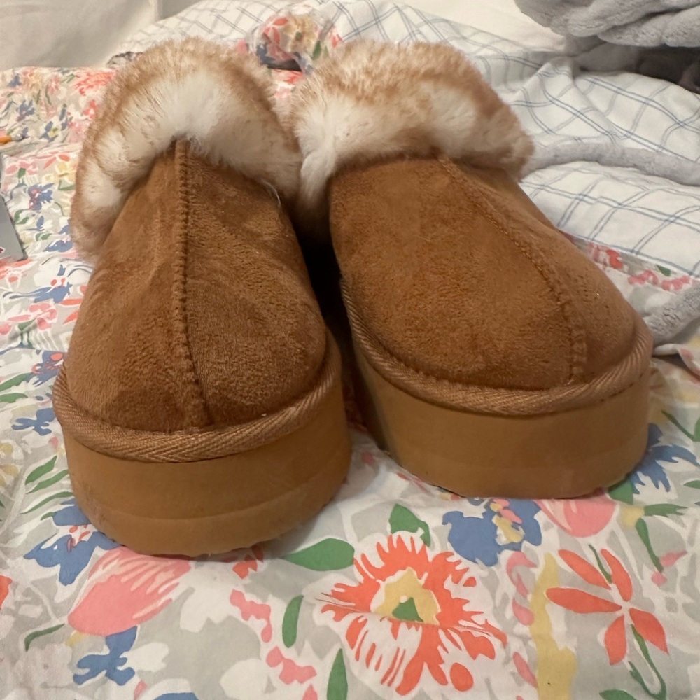 Tan and White Plush Lined Slippers